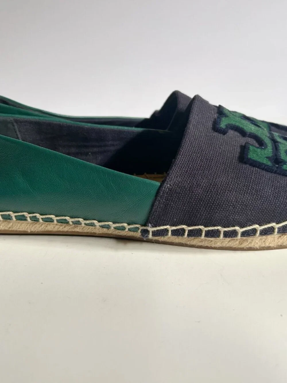 Tory Burch Navy Canvas Espadrilles with Green Logo